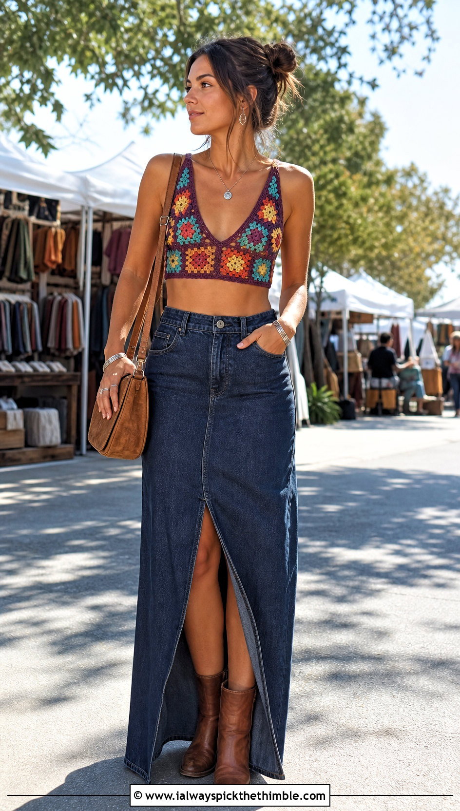 Granny Square Crochet Sports Bra With Denim Maxi Skirt - 20 crochet sports bra outfit ideas