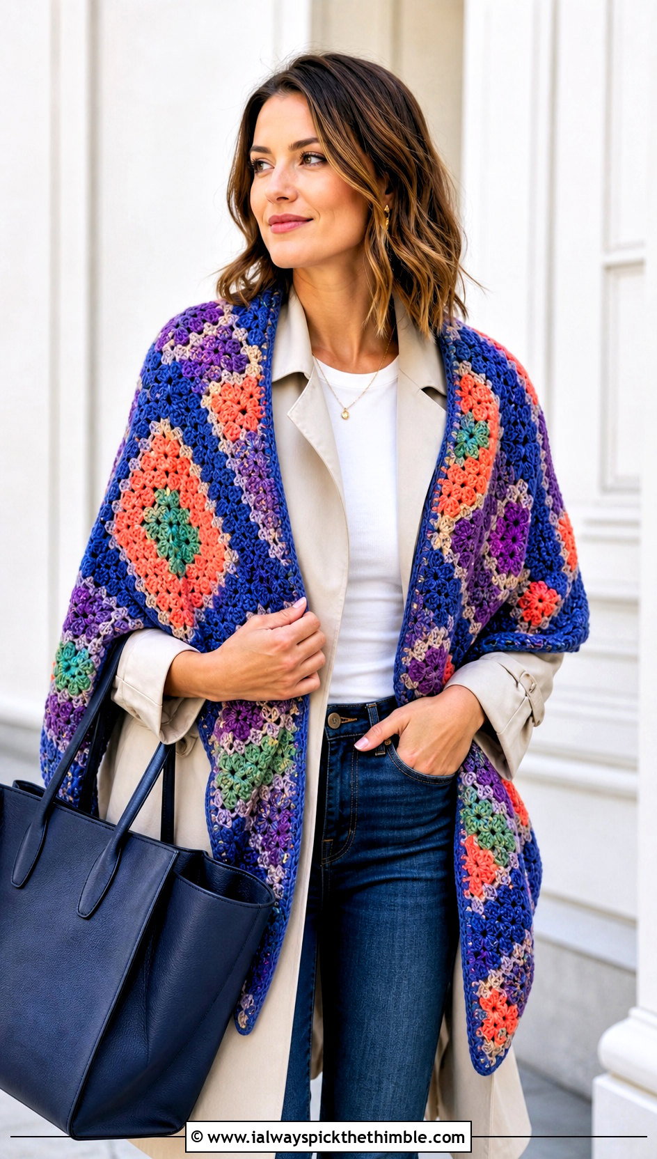 Granny Square Crochet Spring Wrap With Trench Coat - 15 Crochet Spring Wrap outfit ideas
