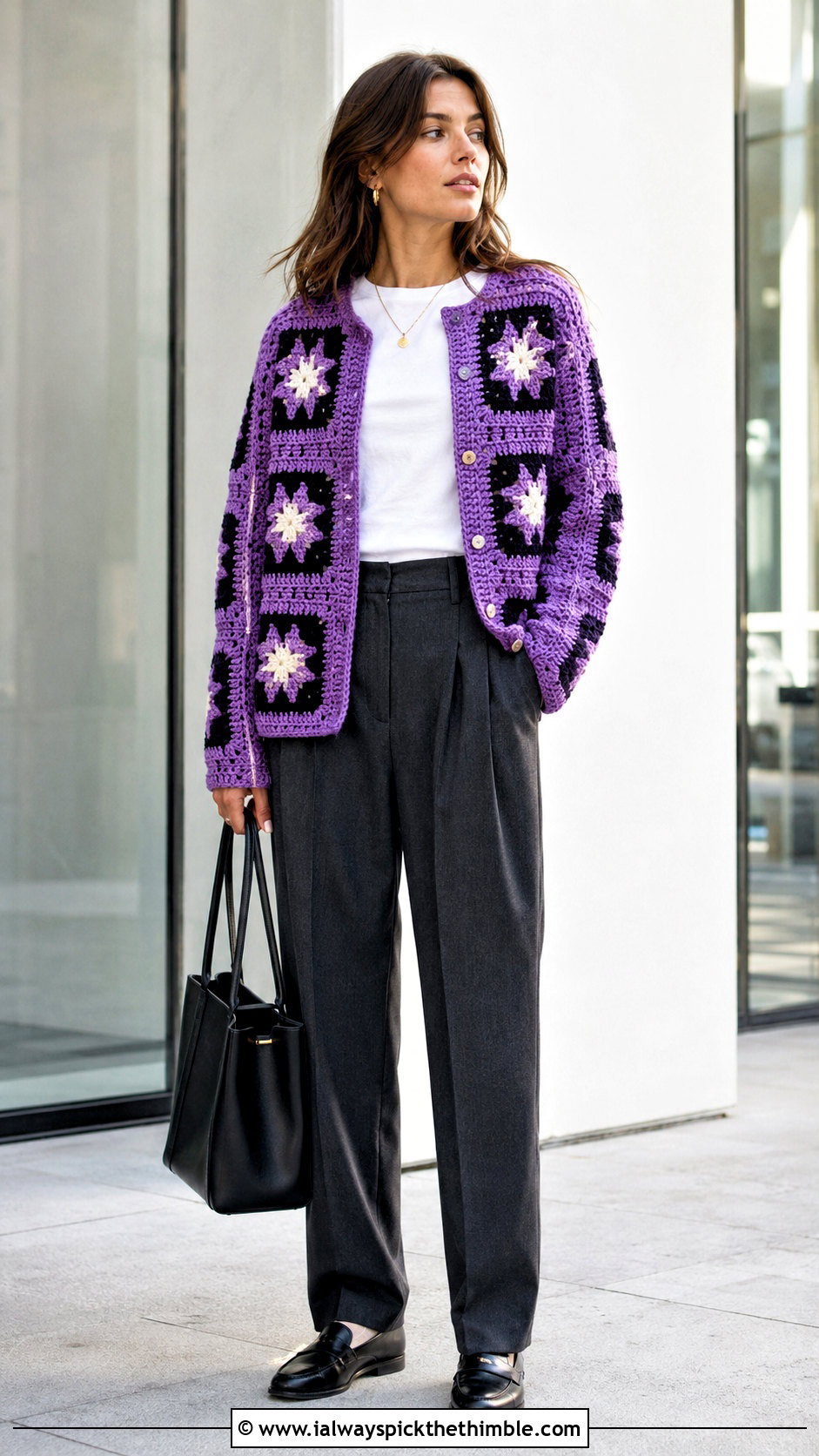 Granny Square Crochet Star Sweater With Tailored Trousers - 25 crochet star sweater outfit ideas