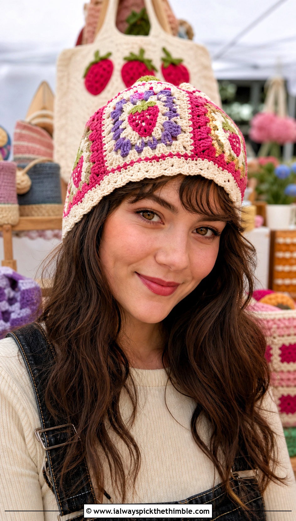 Granny Square Crochet Strawberry Beanie With Overalls - 20 Crochet Strawberry Beanie outfit ideas