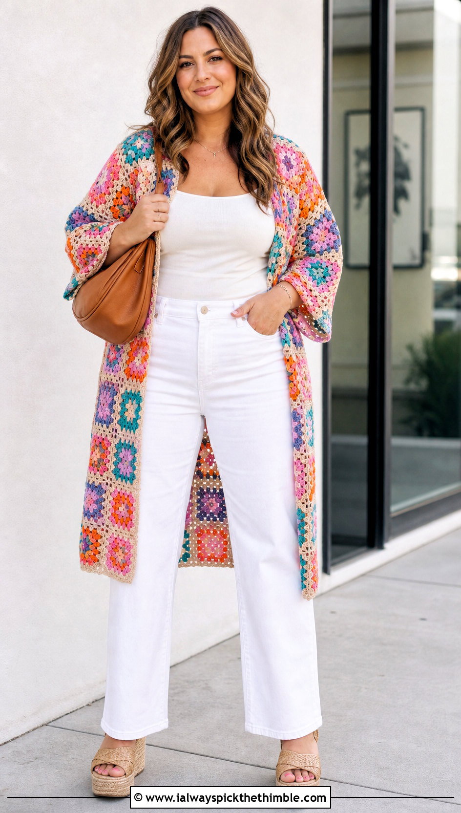Granny Square Crochet Summer Kimono With White Jeans - 20 crochet summer kimono outfit ideas