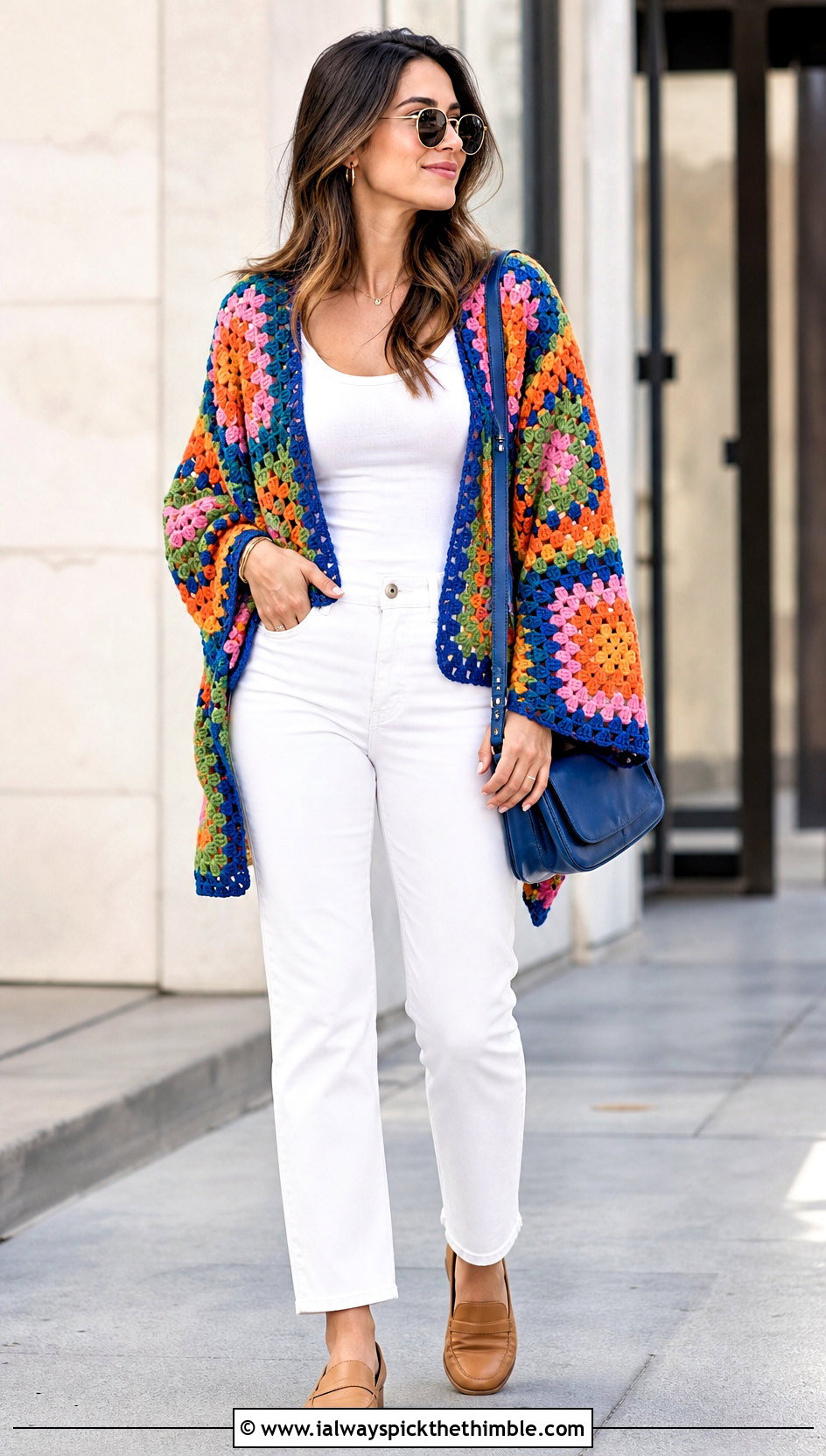 Granny Square Crochet Summer Poncho With White Jeans - 25 crochet summer poncho outfit ideas