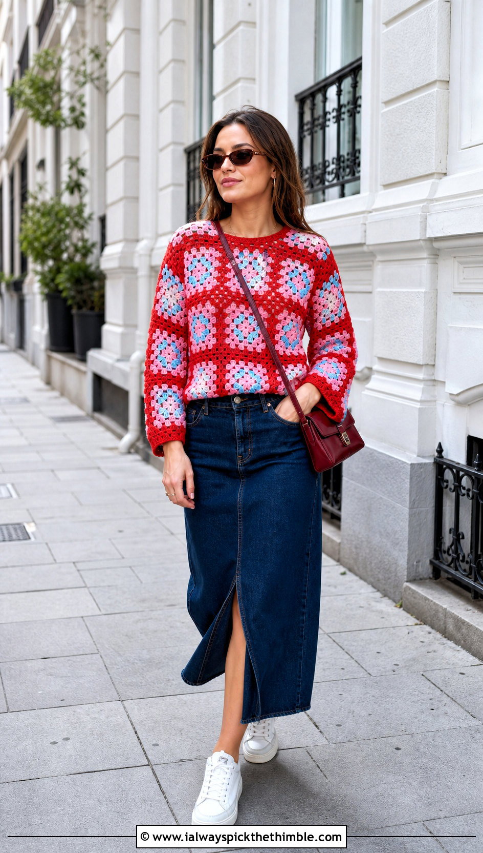Granny Square Crochet Summer Sweater With Denim Skirt - 15 Crochet Summer Sweater outfit ideas