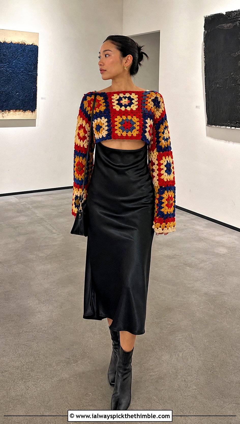 Granny Square Crochet Super Cropped Sweater With Slip Dress - 15 Crochet Super Cropped Sweater outfit ideas