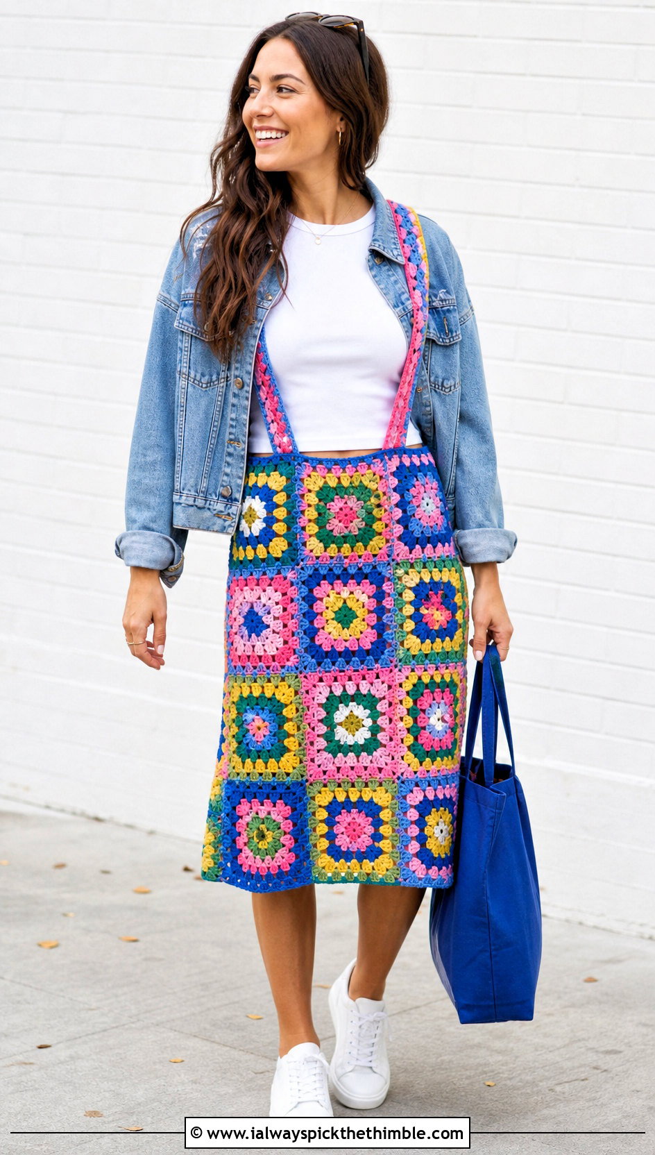 Granny Square Crochet Suspender Skirt With Denim Jacket - 20 crochet suspender skirt outfit ideas