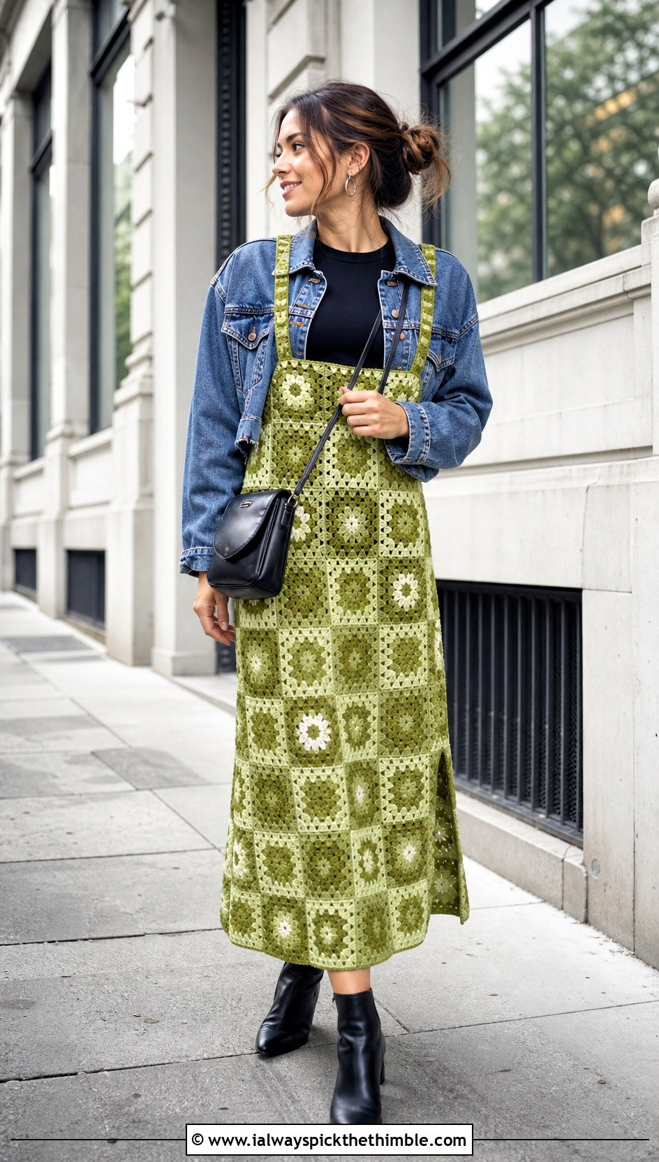 Granny Square Crochet Suspender Skirt With Denim Jacket - 20 crochet skirt with suspenders outfit ideas