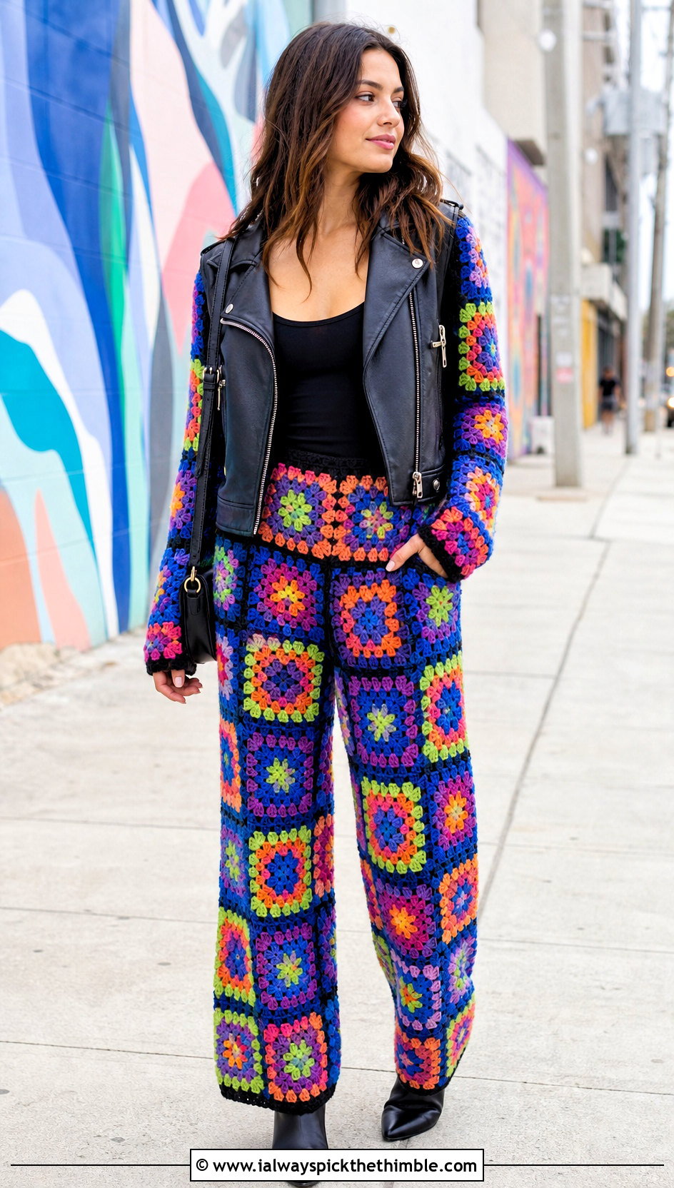 Granny Square Crochet Sweater And Pants Set With Leather Jacket - 20 Crochet Sweater Set outfit ideas