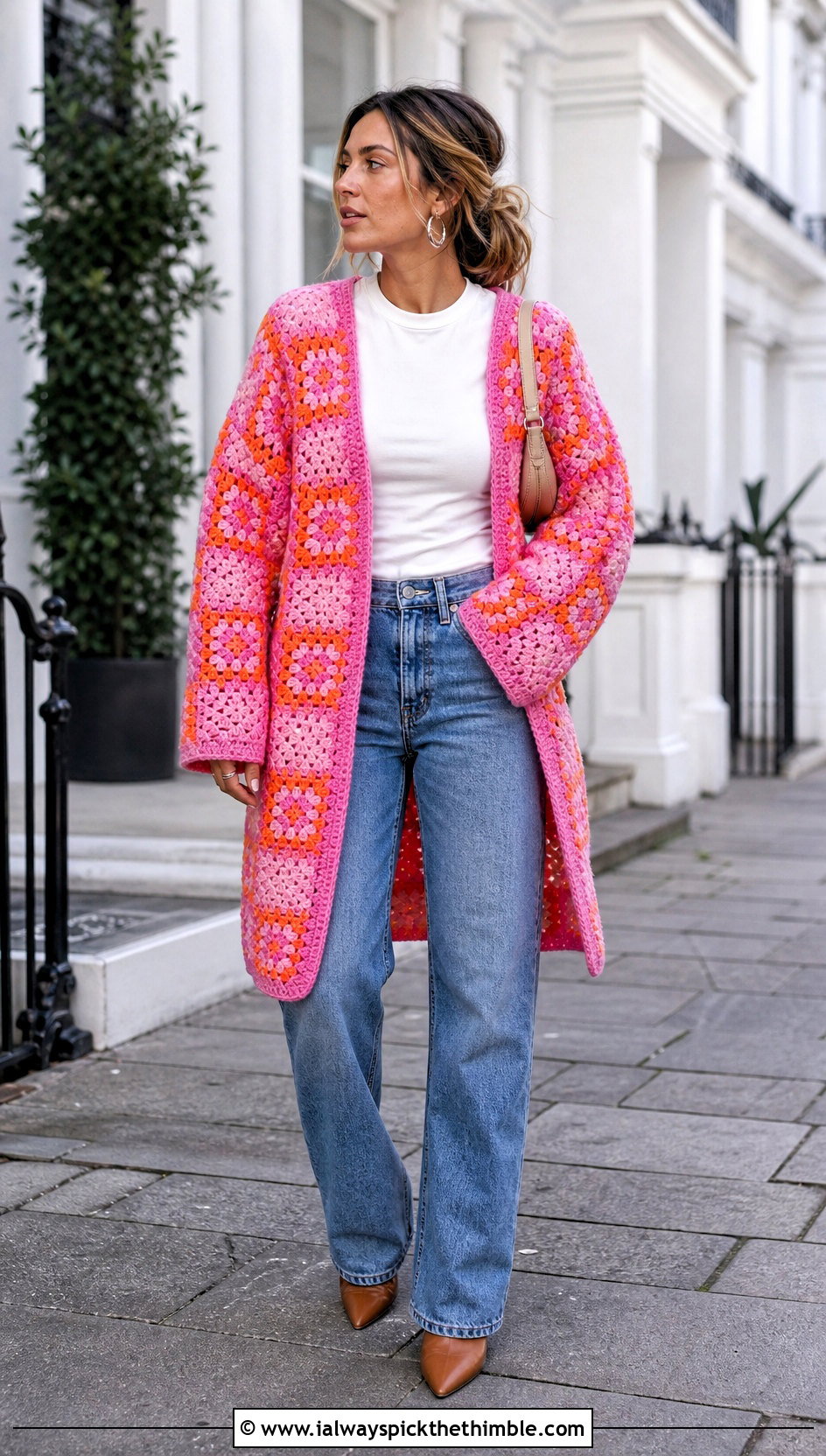 Granny Square Crochet Sweater Coat With Straight Leg Jeans - 20 Crochet Sweater Coat outfit ideas