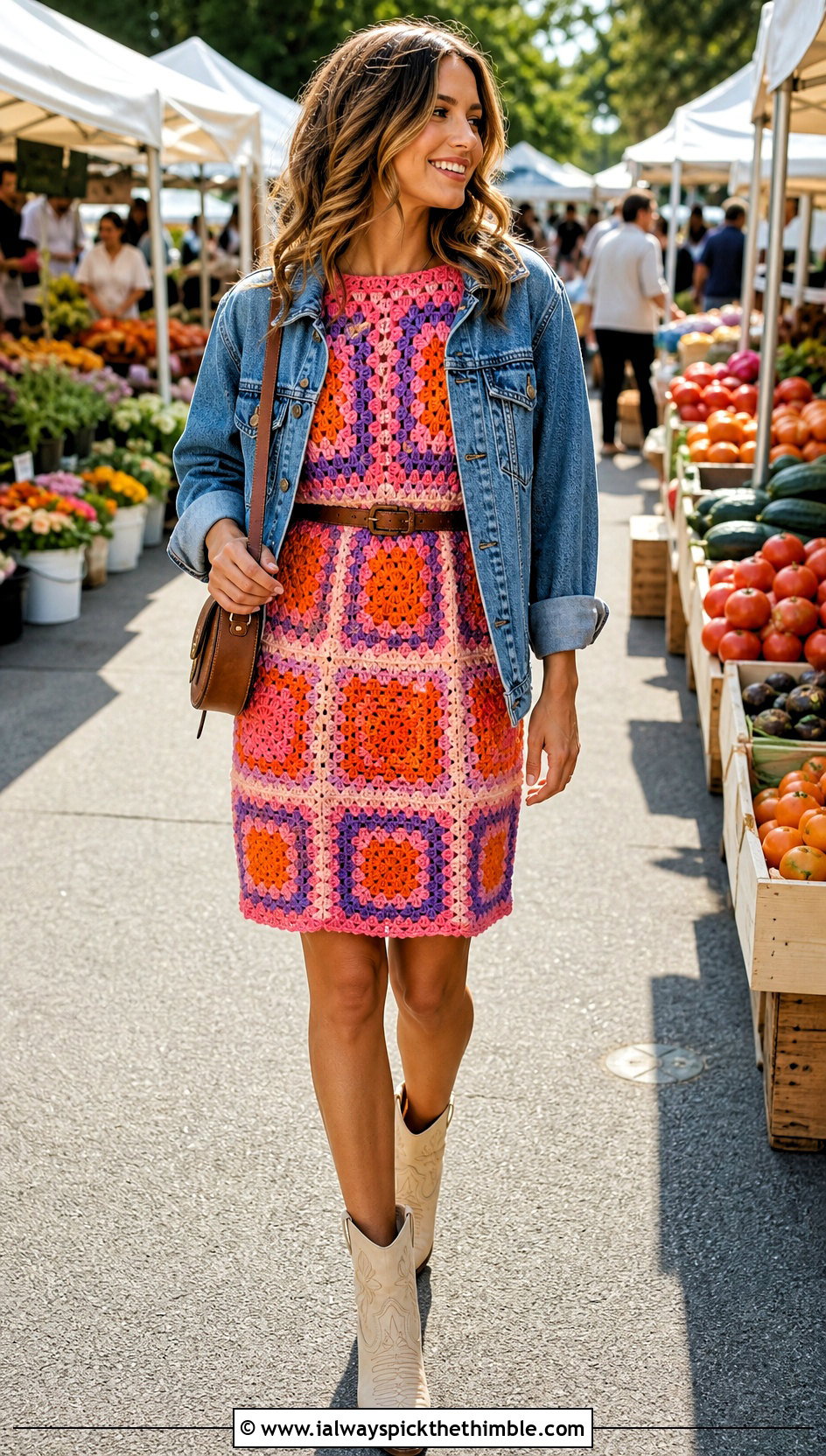 Granny Square Crochet Sweater Dress With Denim Jacket - 25 crochet sweater dress outfit ideas