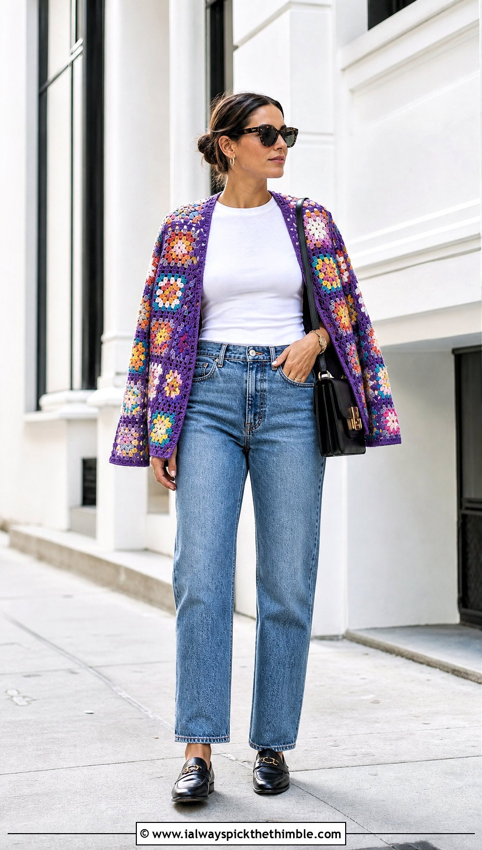 Granny Square Crochet Sweater Over Shoulders With Jeans - 20 Crochet Over The Shoulder Sweater outfit ideas