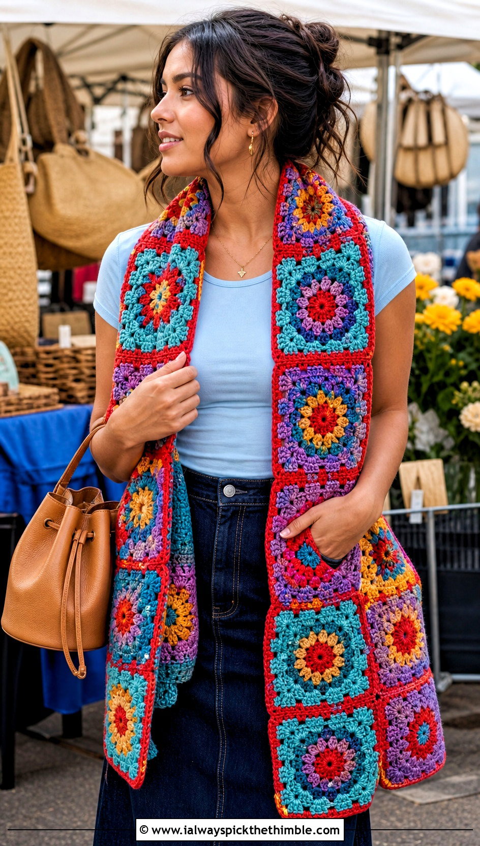 Granny Square Crochet Sweater Scarf With Denim Skirt - 25 crochet sweater scarf outfit ideas