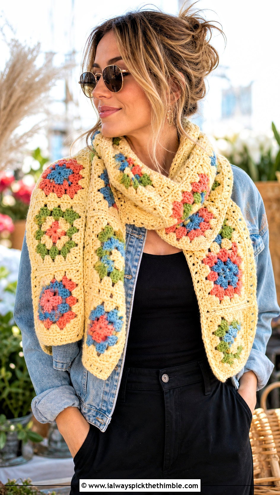 Granny Square Crochet Sweater Scarf Wrap With Denim Jacket - 20 crochet scarf sweater wrap outfit ideas