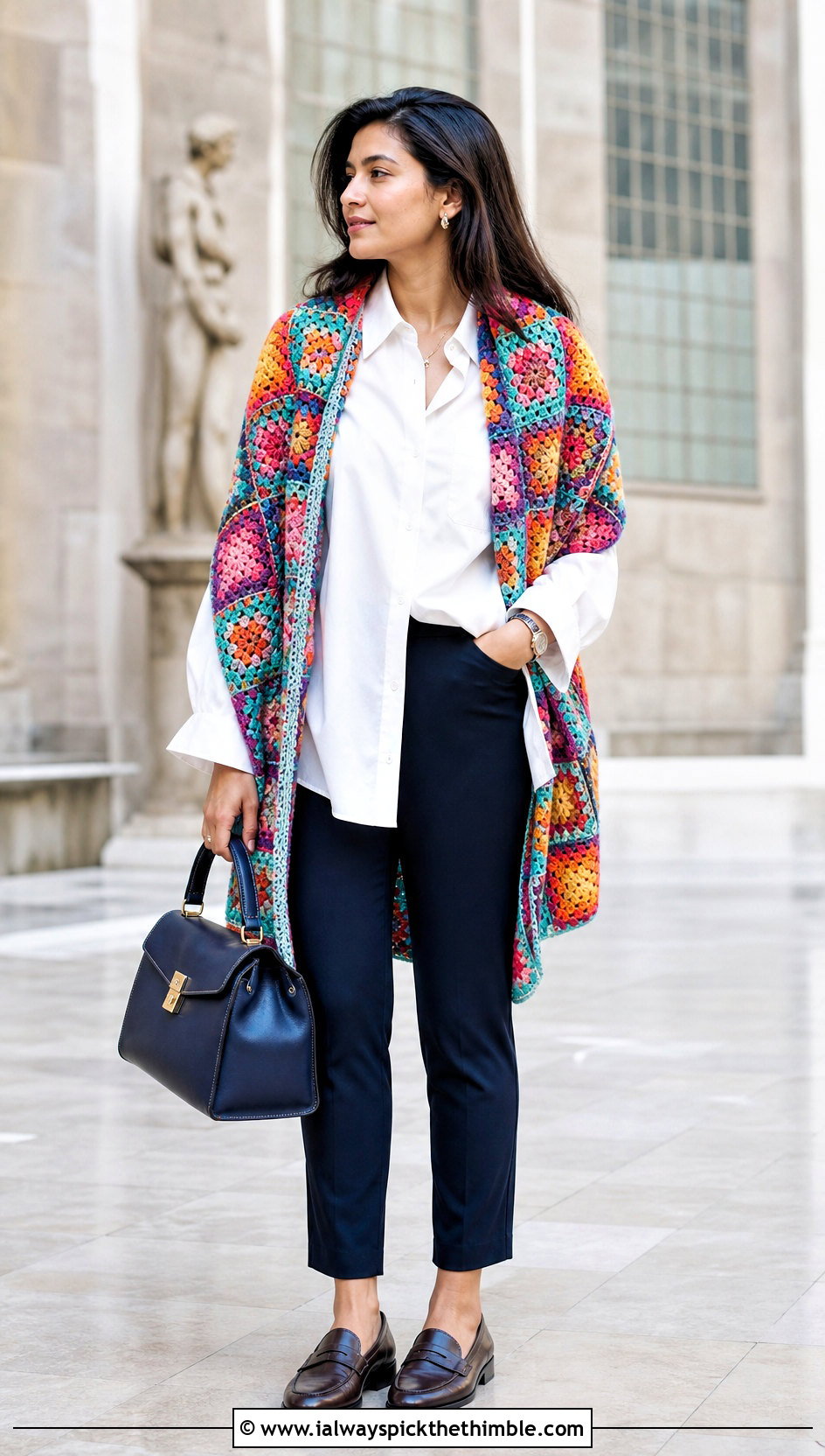 Granny Square Crochet Sweater Shawl With A White Shirt - 20 crochet sweater shawl outfit ideas