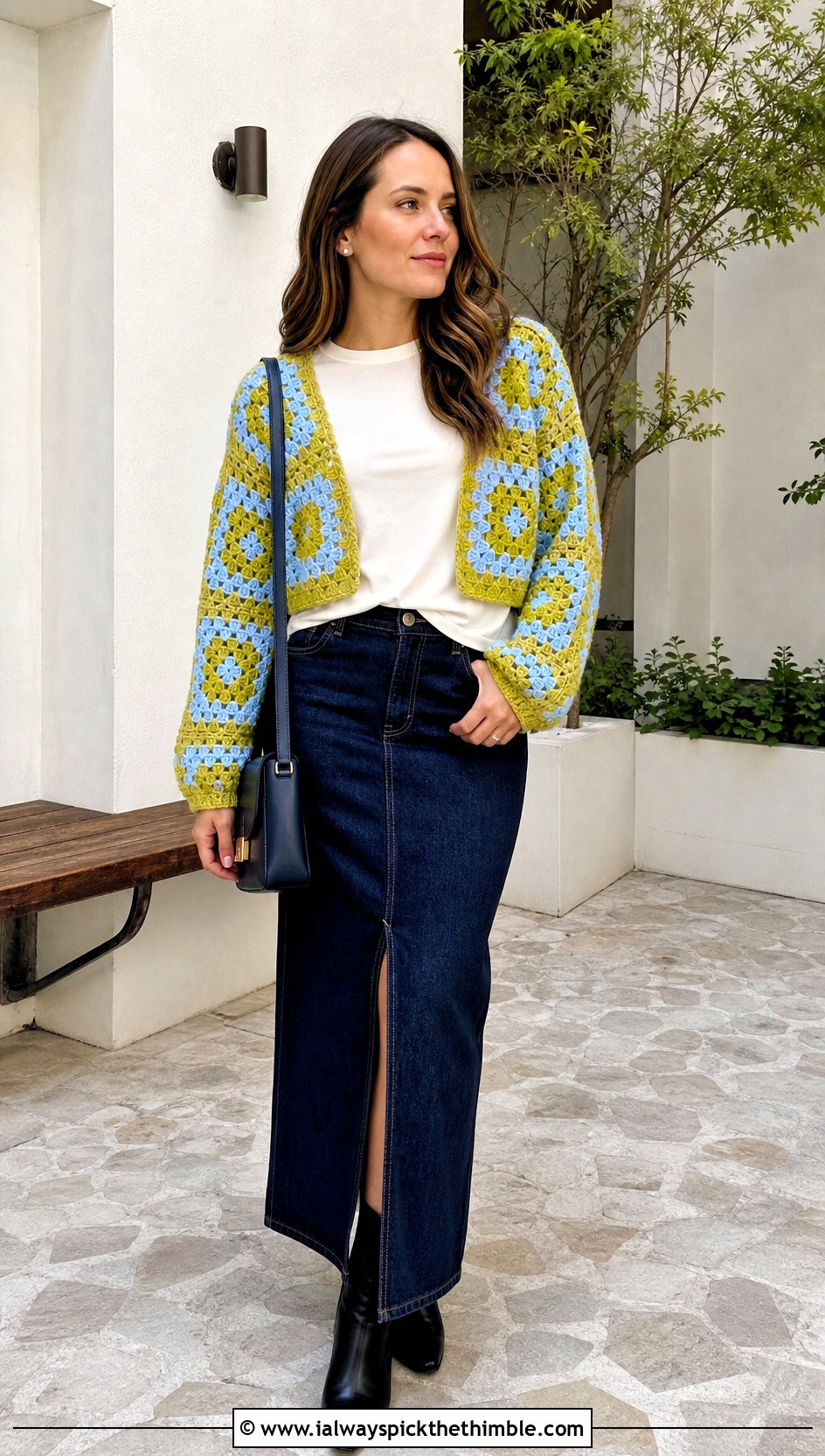 Granny Square Crochet Sweater Shrug With Denim Maxi Skirt - 20 crochet sweater shrug outfit ideas