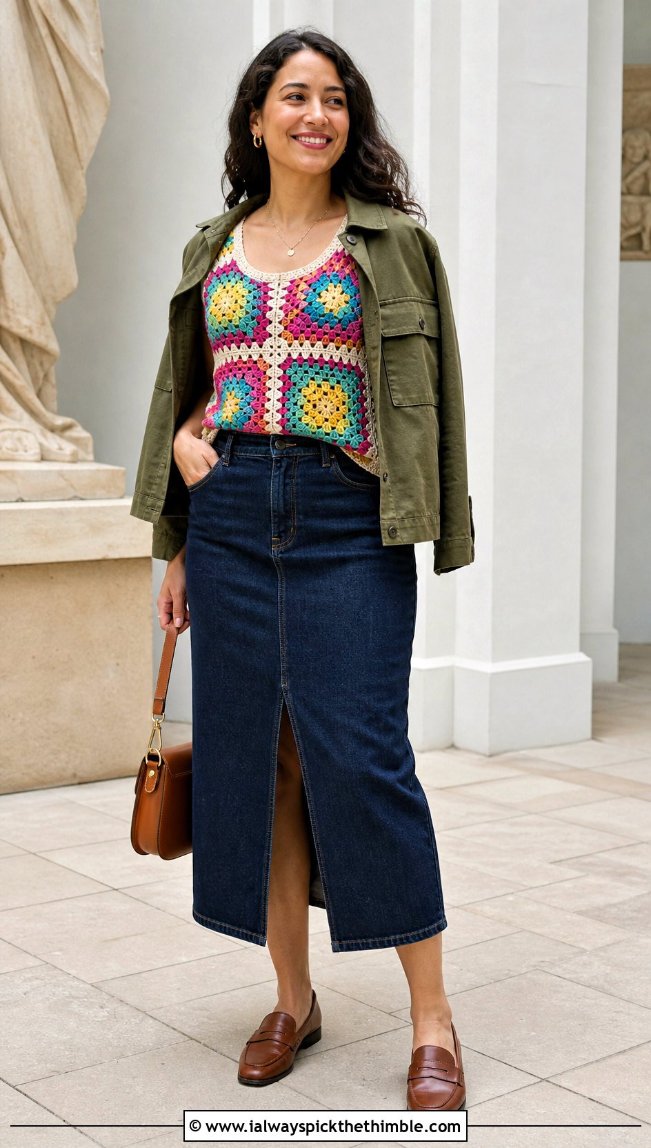 Granny Square Crochet Sweater Tank With Denim Skirt - 20 Crochet Sweater Tank outfit ideas