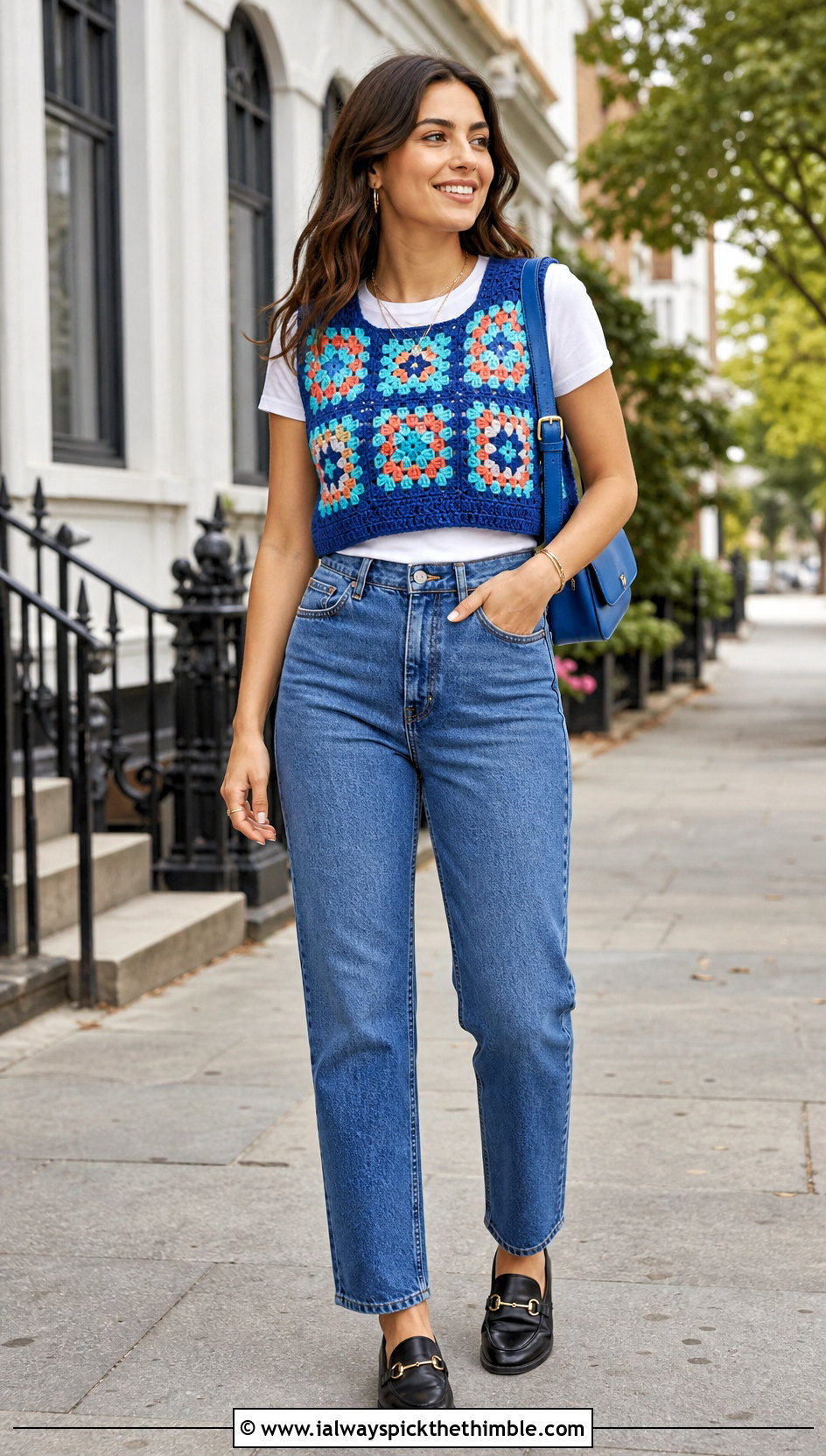 Granny Square Crochet Sweater Vest With Straight Leg Jeans - 15 Handmade Crochet Sweater Vest outfit ideas