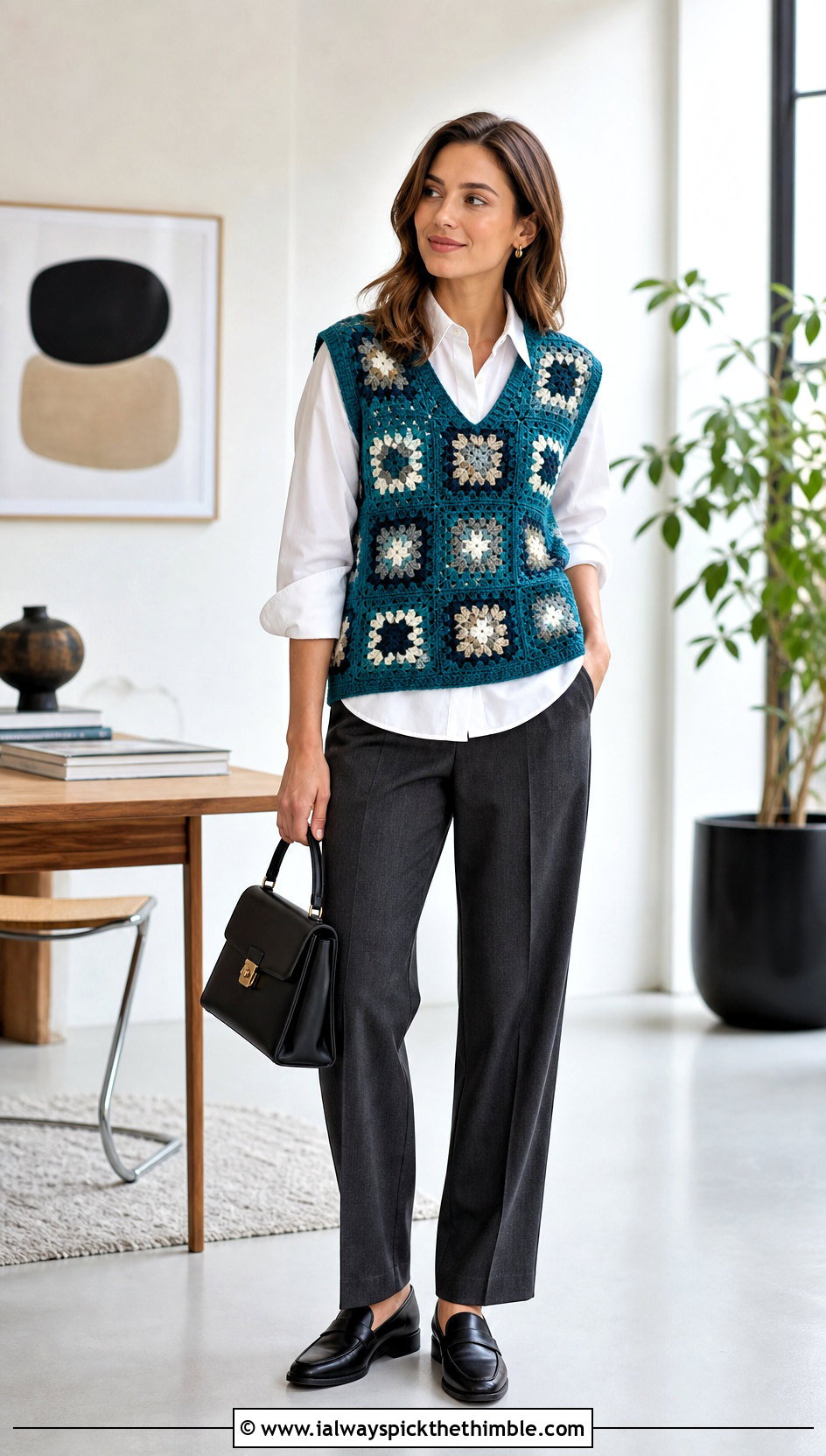 Granny Square Crochet Sweater Vest With White Shirt - 20 70s crochet top outfit ideas