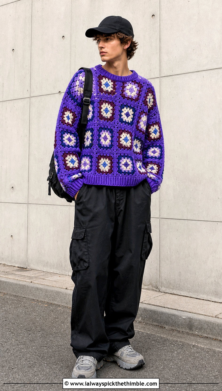 Granny Square Crochet Sweater With Black Cargo Pants - 20 Easy Crochet Mens Sweater outfit ideas