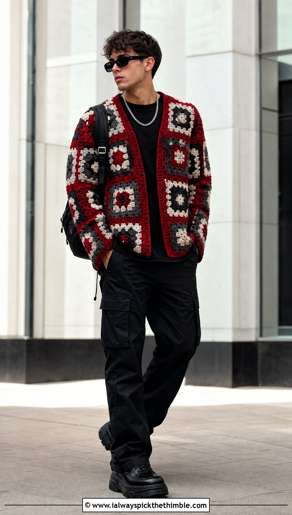 Granny Square Crochet Sweater With Black Cargo Pants - 20 Mens Crochet Sweaters outfit ideas