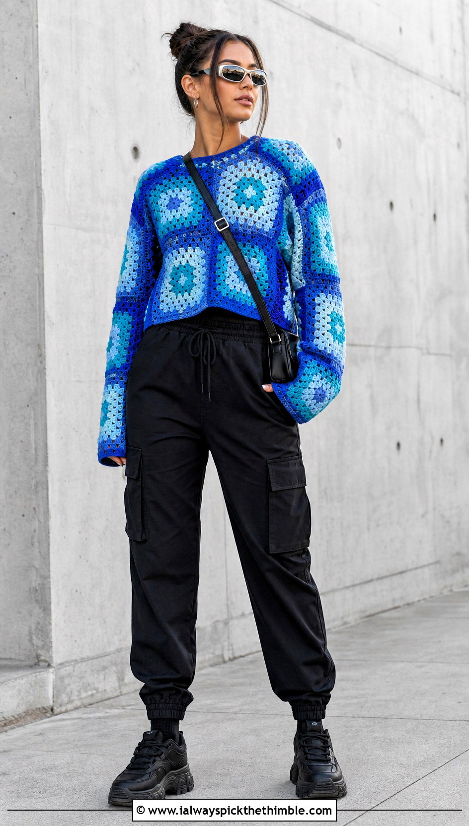Granny Square Crochet Sweater With Black Cargo Pants - 25 blue crochet sweater outfit ideas