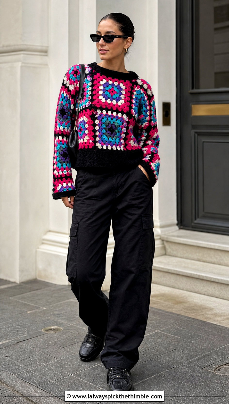 Granny Square Crochet Sweater With Black Cargo Pants - 15 Crochet Comfy Sweater outfit ideas