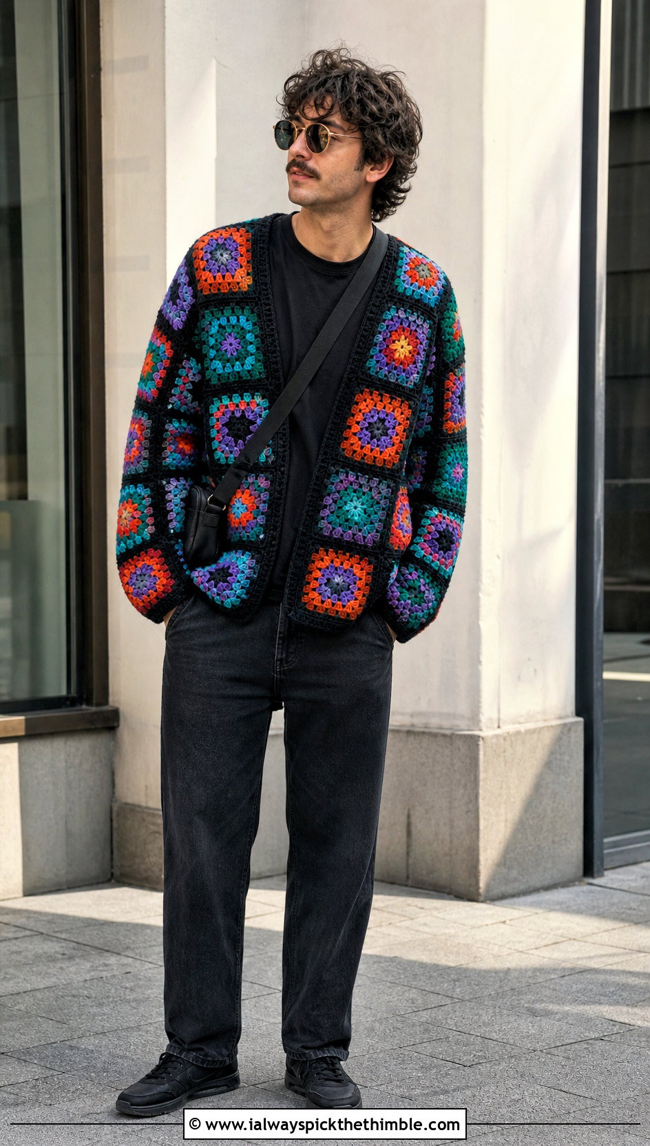 Granny Square Crochet Sweater With Black Denim - 25 crochet mens sweater outfit ideas