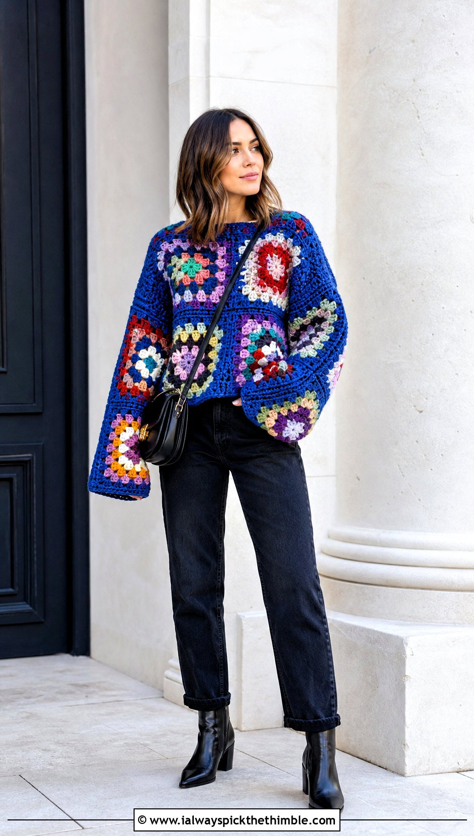 Granny Square Crochet Sweater With Black Denim - 25 oversized crochet sweater outfit ideas