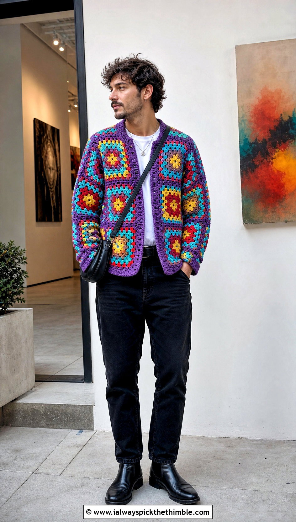 Granny Square Crochet Sweater With Black Denim - 15 Crochet Mens Sweaters outfit ideas