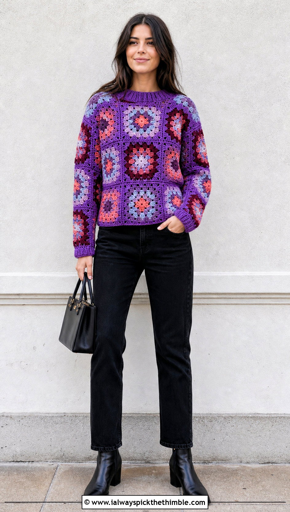 Granny Square Crochet Sweater With Black Jeans - 25 simple crochet sweater outfit ideas