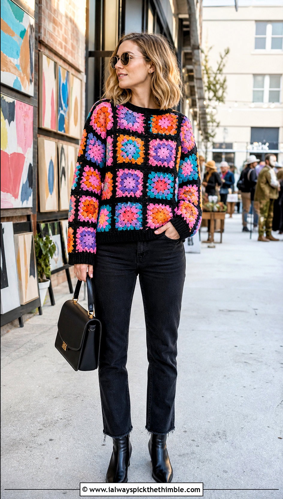 Granny Square Crochet Sweater With Black Jeans - 20 chunky yarn crochet sweater outfit ideas