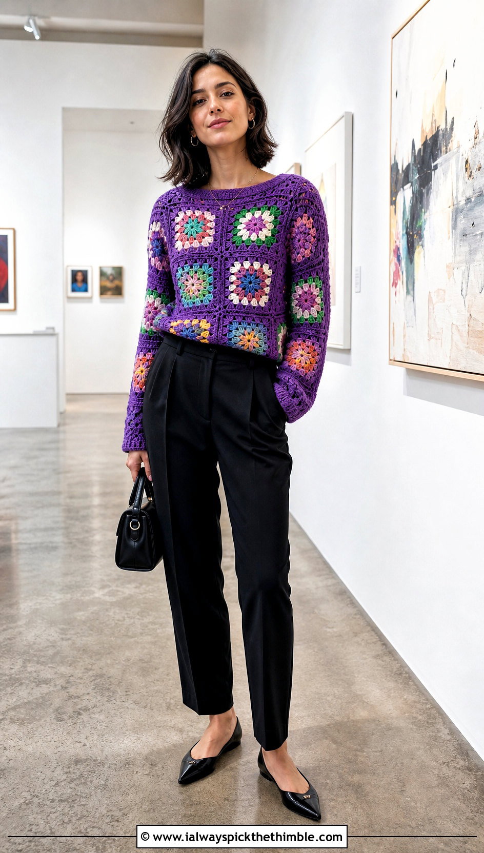 Granny Square Crochet Sweater With Black Trousers - 20 Fire Crochet Sweater outfit ideas