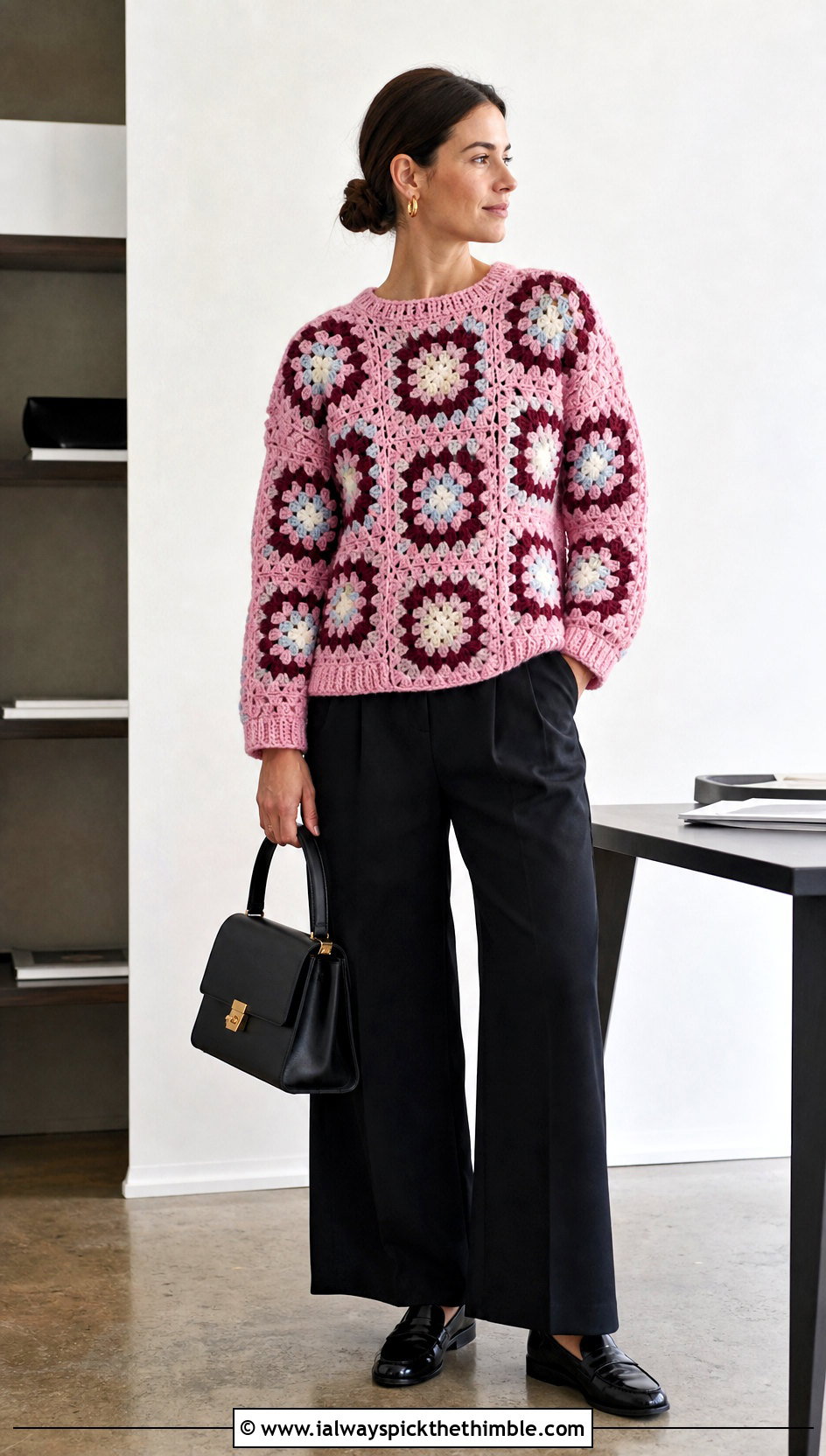 Granny Square Crochet Sweater With Black Trousers - 20 Crochet For Sweaters For Women outfit ideas