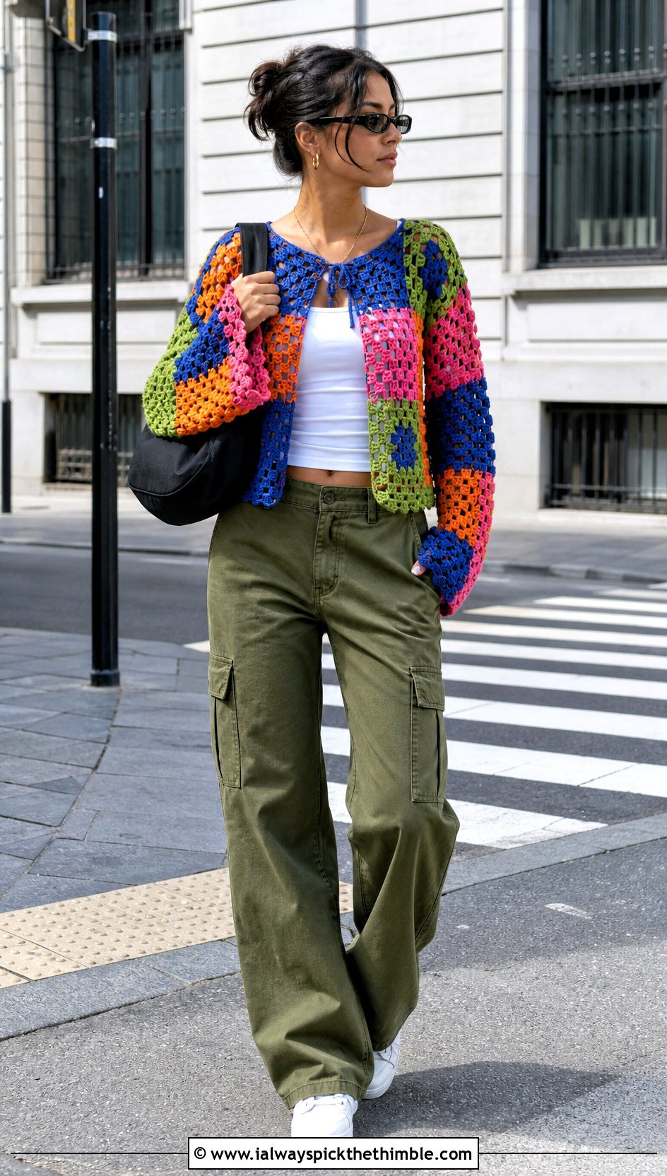 Granny Square Crochet Sweater With Cargo Pants - 20 Open Weave Crochet Sweater outfit ideas