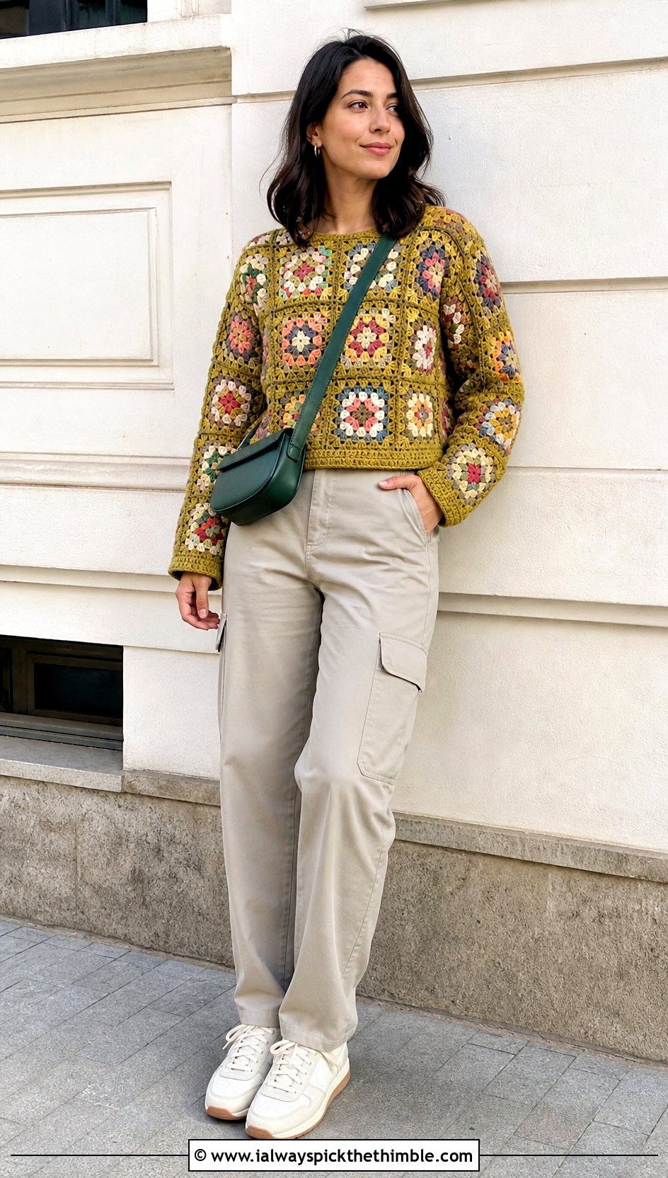 Granny Square Crochet Sweater With Cargo Pants - 20 spring crochet sweater outfit ideas