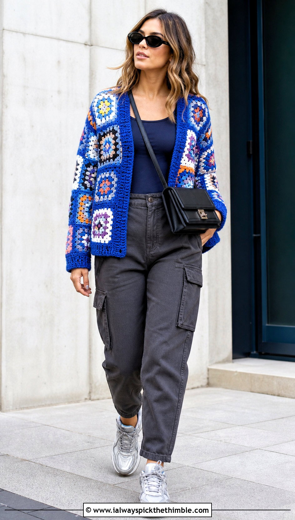 Granny Square Crochet Sweater With Cargo Pants - 20 unique crochet sweater outfit ideas