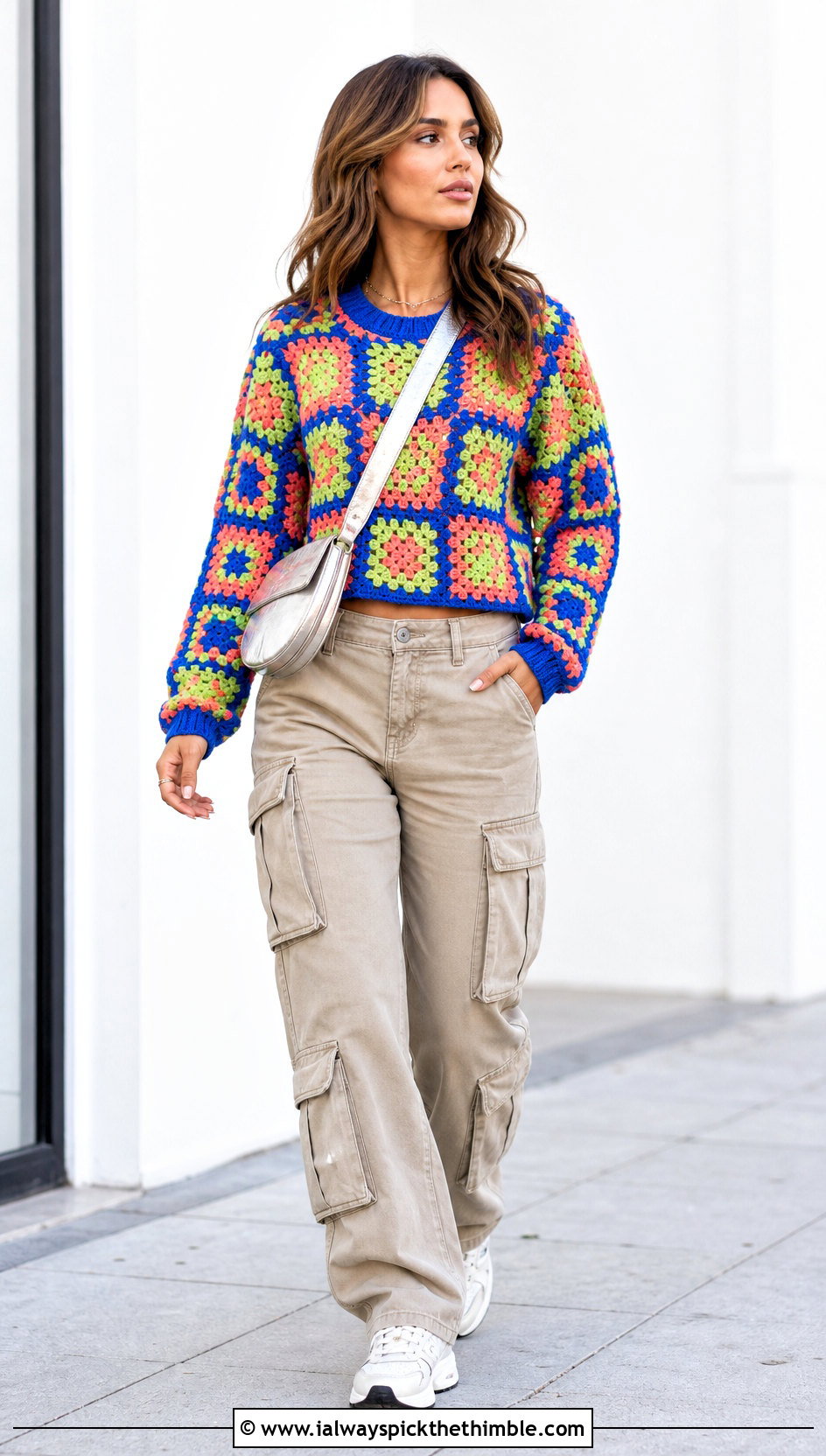 Granny Square Crochet Sweater With Cargo Pants - 25 crochet sweater design outfit ideas