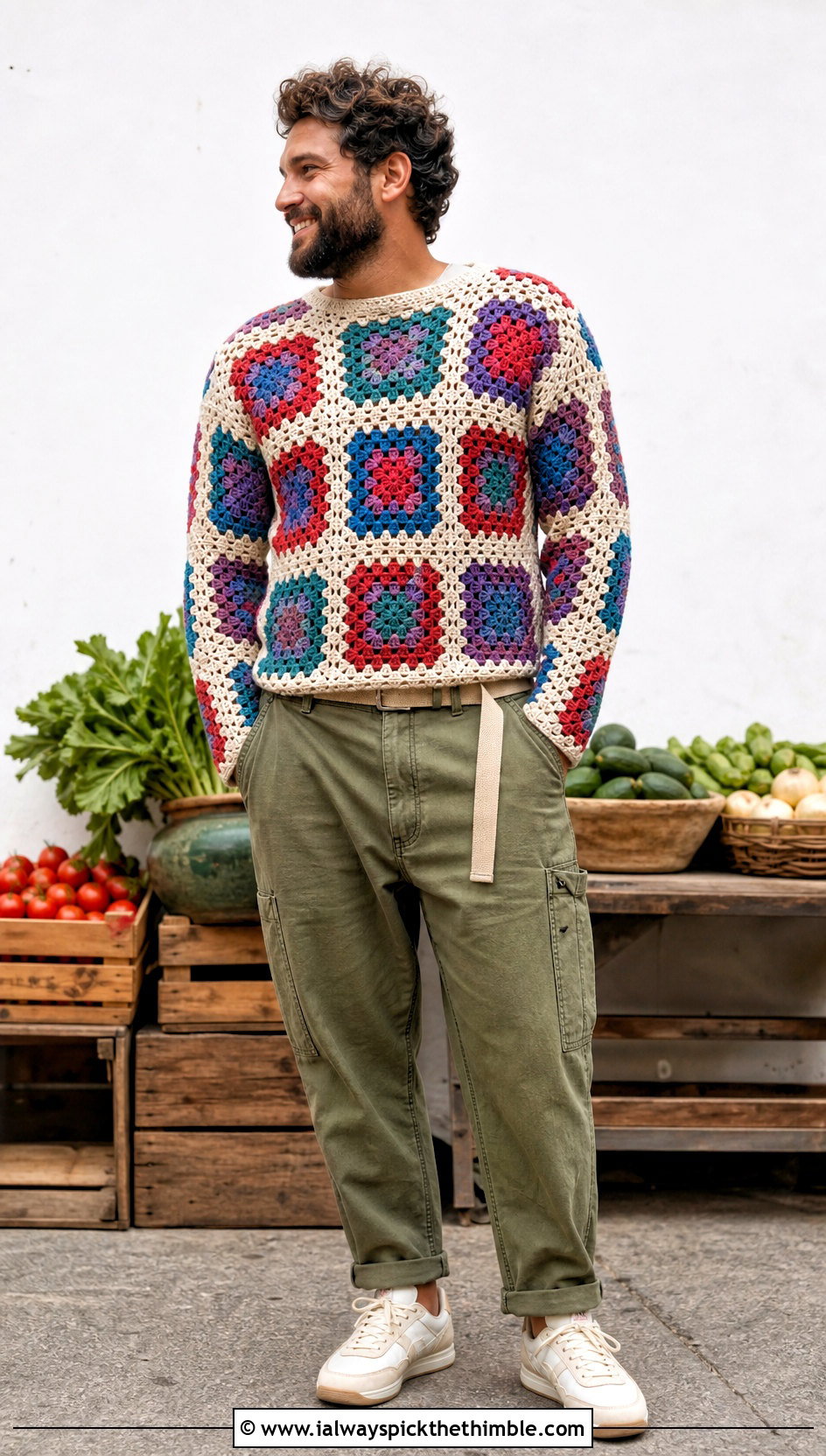 Granny Square Crochet Sweater With Carpenter Pants - 25 men crochet sweater outfit ideas