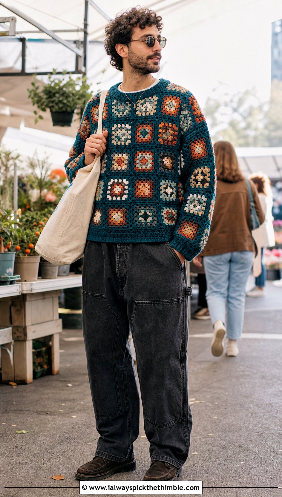 Granny Square Crochet Sweater With Carpenter Pants - 25 crochet sweater for men outfit ideas