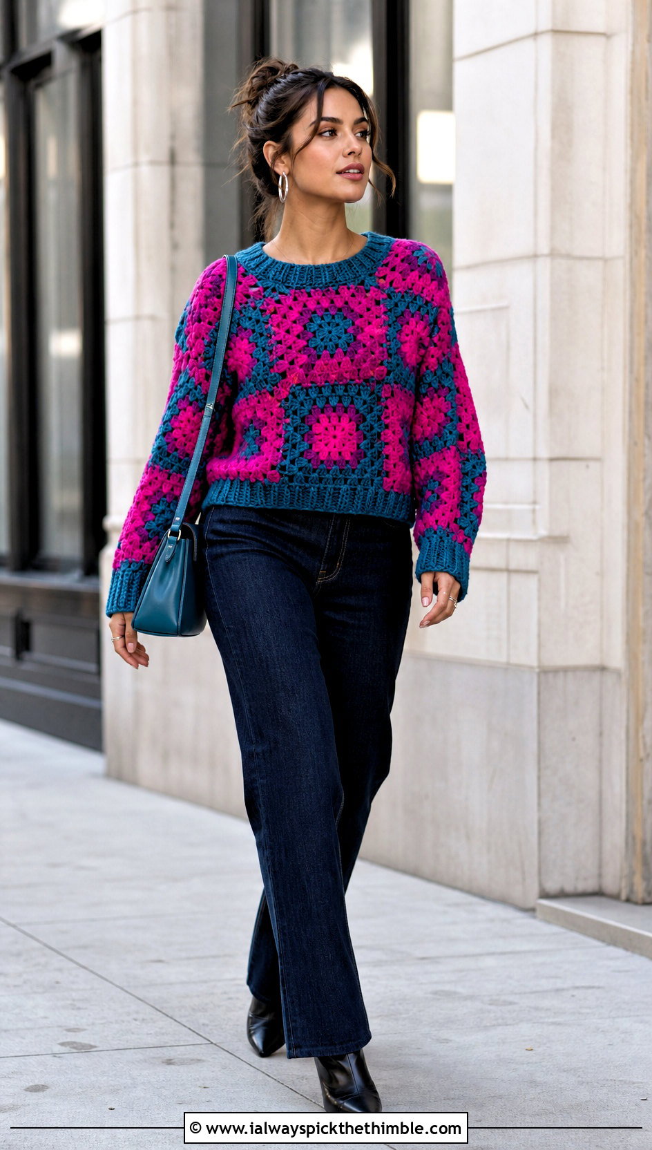 Granny Square Crochet Sweater With Dark Straight Leg Jeans - 20 Autumn Crochet Sweater outfit ideas
