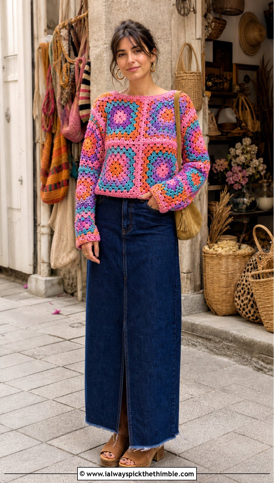 Granny Square Crochet Sweater With Denim Maxi Skirt - 20 Basic Crochet Sweater outfit ideas