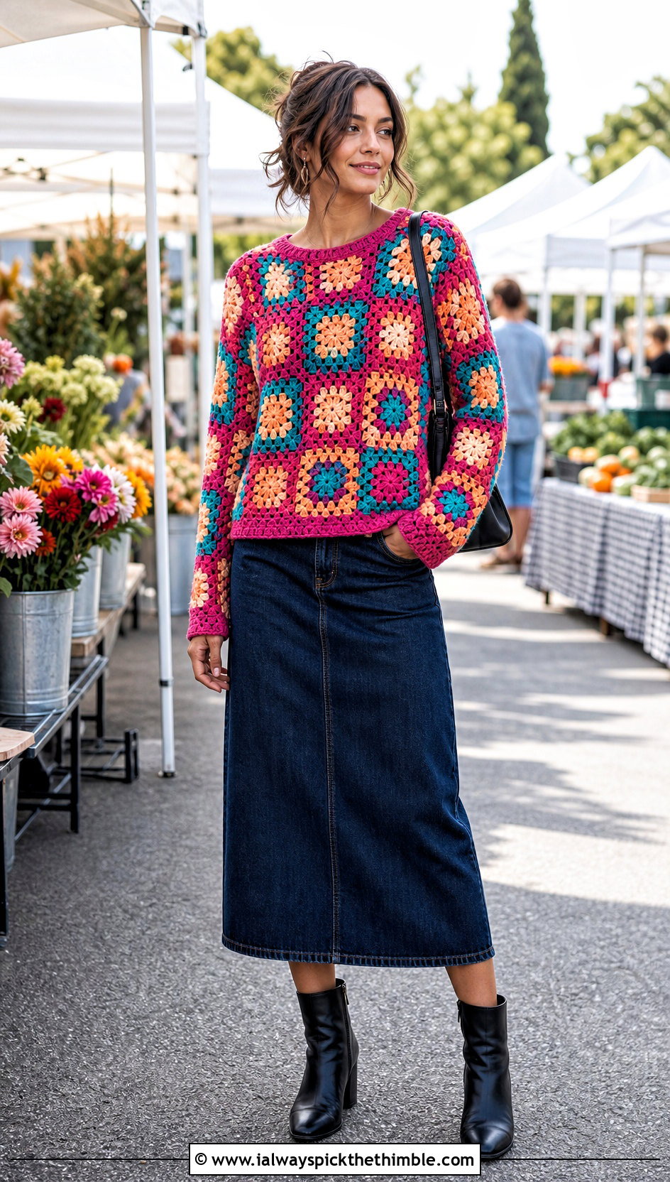 Granny Square Crochet Sweater With Denim Midi Skirt - 20 Crochet Ladies Sweater outfit ideas