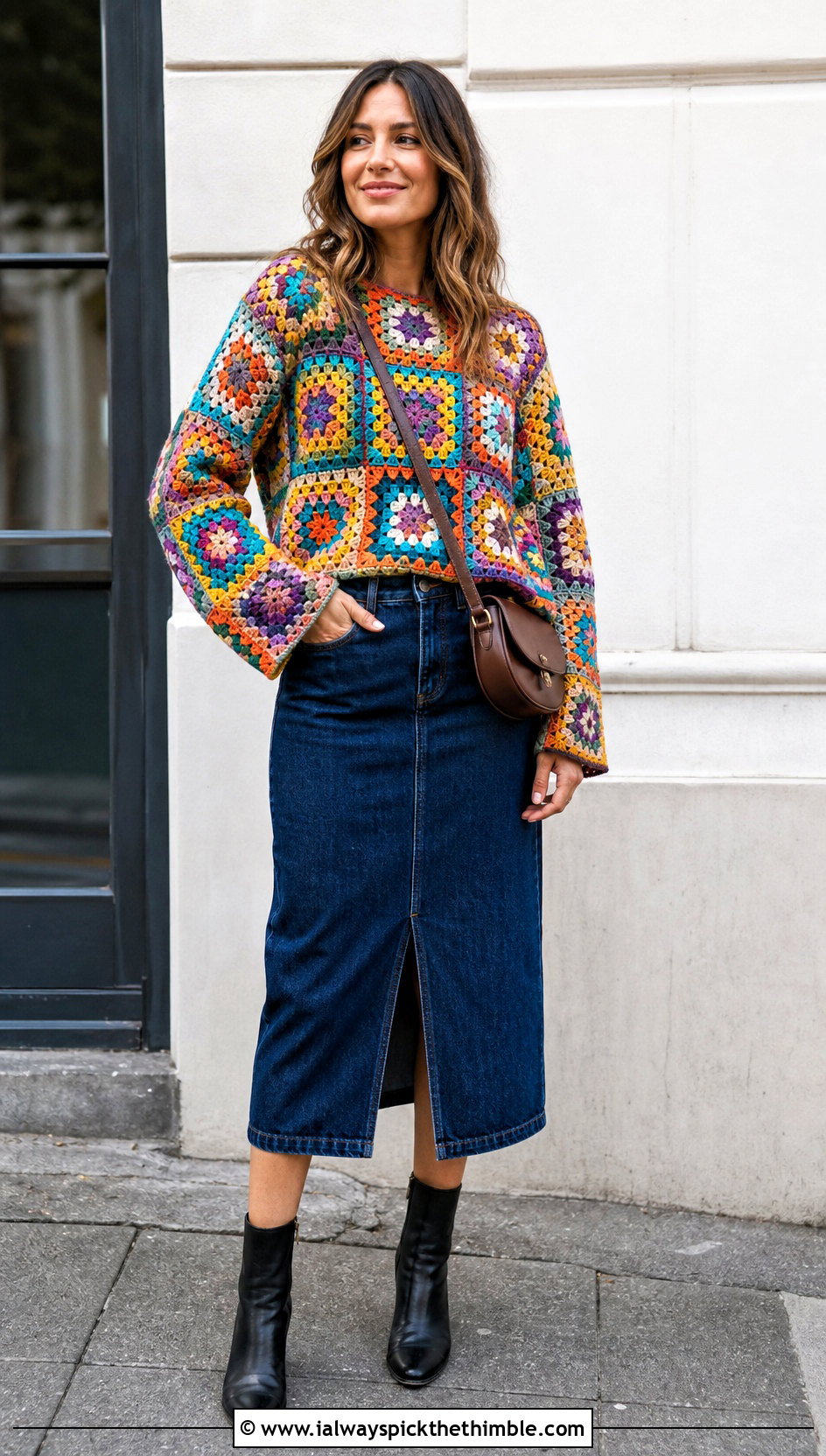 Granny Square Crochet Sweater With Denim Midi Skirt - 25 easy crochet sweaters outfit ideas