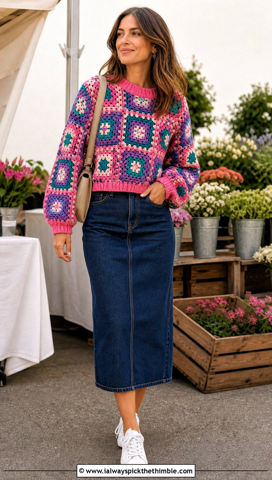 Granny Square Crochet Sweater With Denim Midi Skirt - 20 Comfy Crochet Sweater outfit ideas