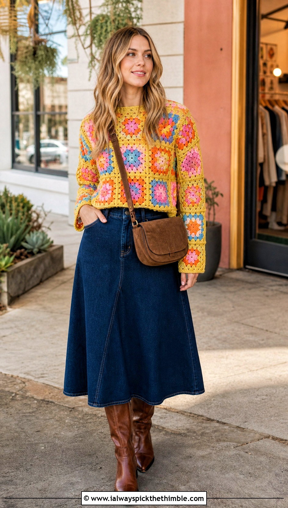 Granny Square Crochet Sweater With Denim Skirt - 15 Simple Crochet Sweater Design outfit ideas