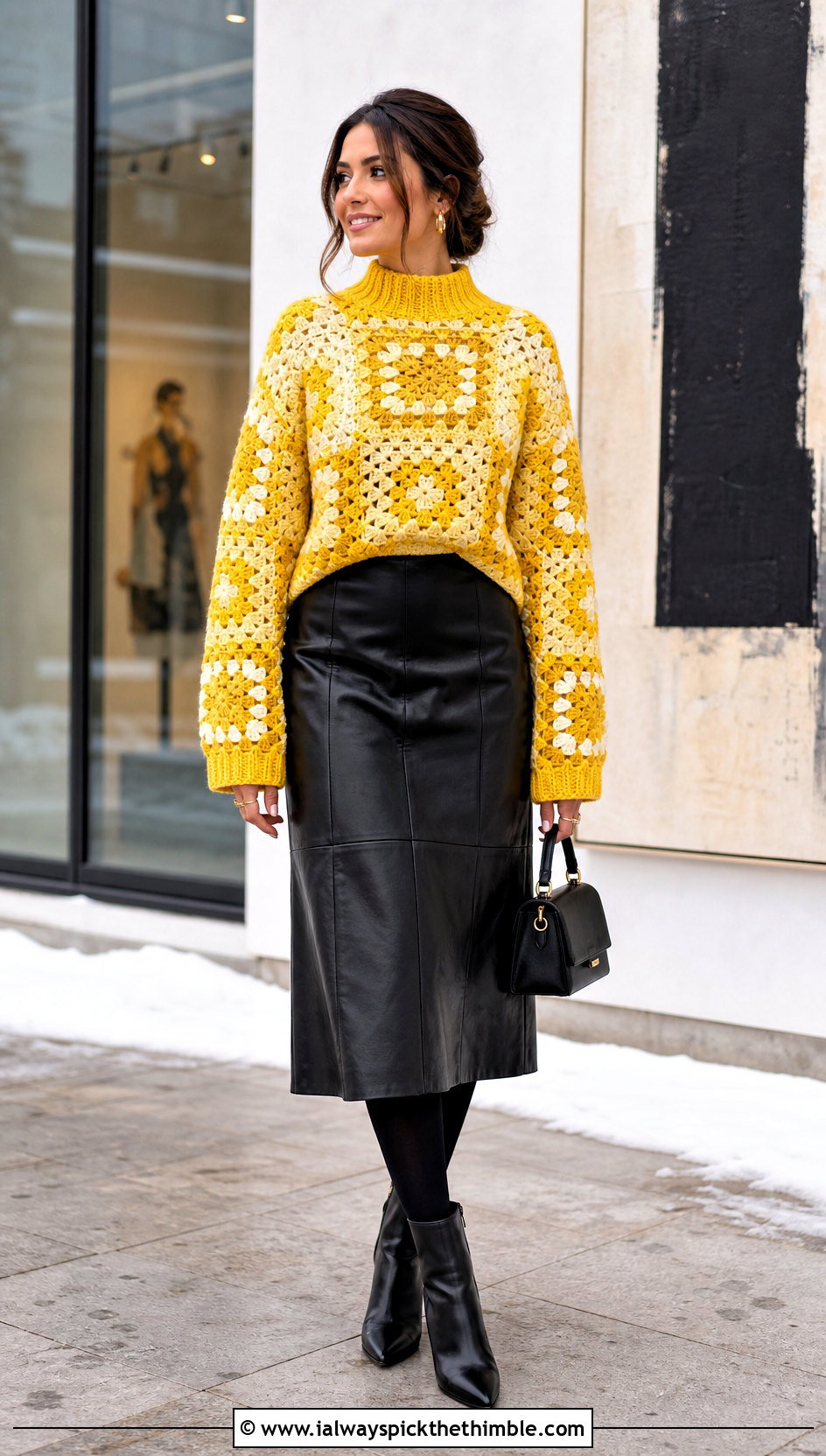 Granny Square Crochet Sweater With Leather Midi Skirt - 20 winter crochet sweater outfit ideas