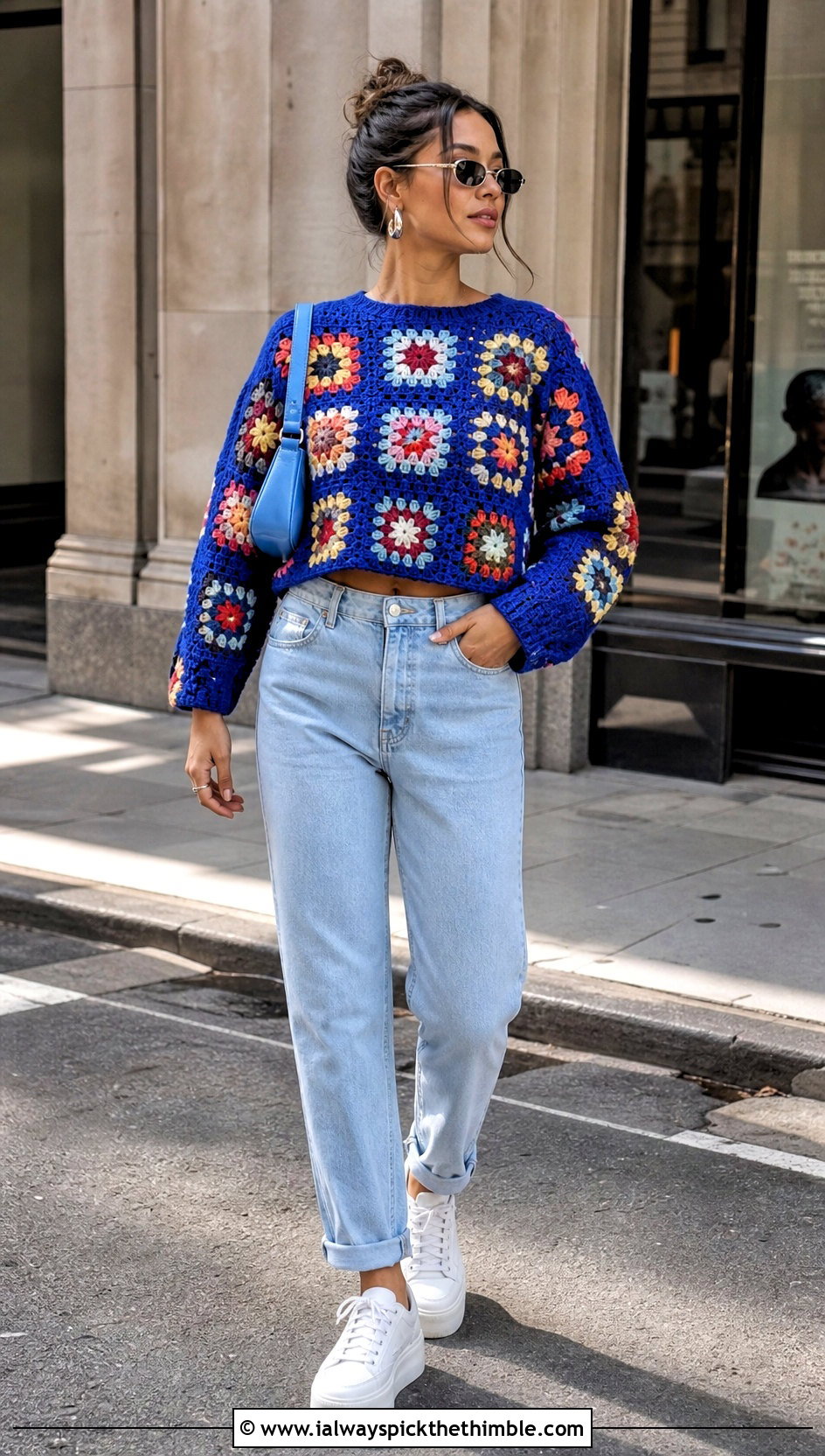 Granny Square Crochet Sweater With Mom Jeans - 20 90s crochet sweater outfit ideas
