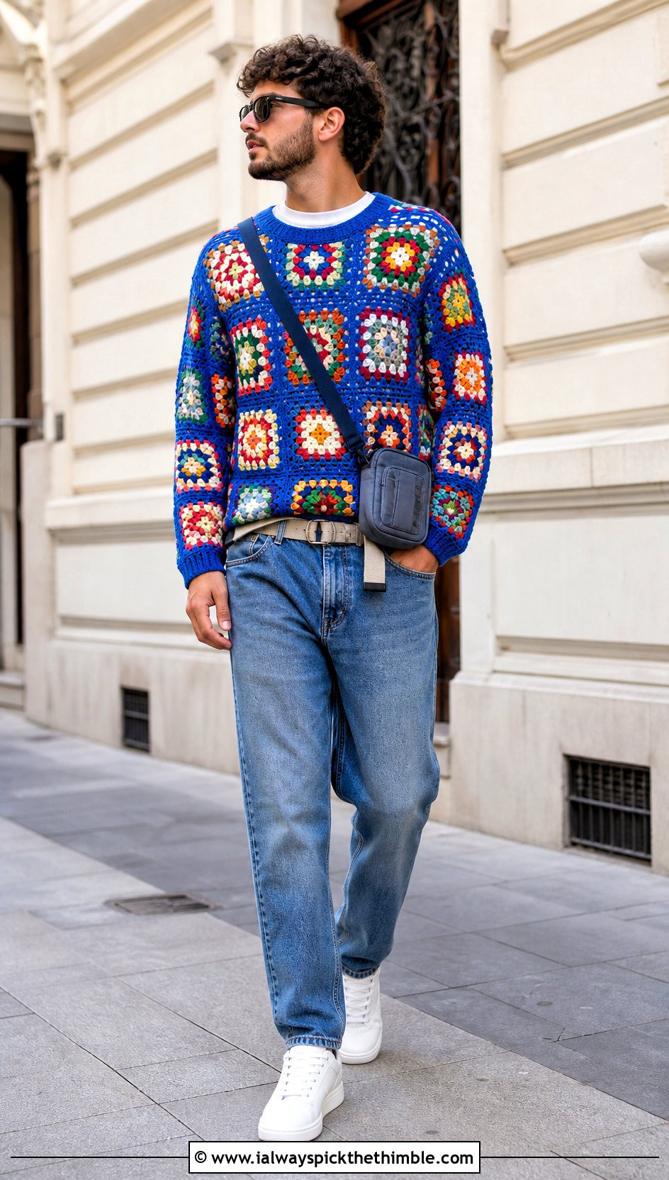 Granny Square Crochet Sweater With Straight Jeans - 20 male crochet sweater outfit ideas