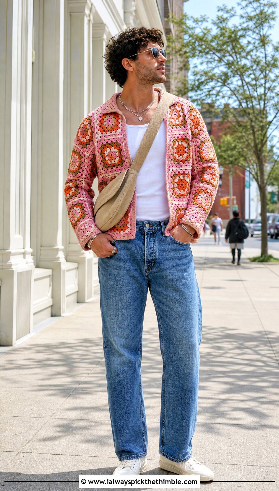 Granny Square Crochet Sweater With Straight Jeans - 20 men's crochet sweater outfit ideas