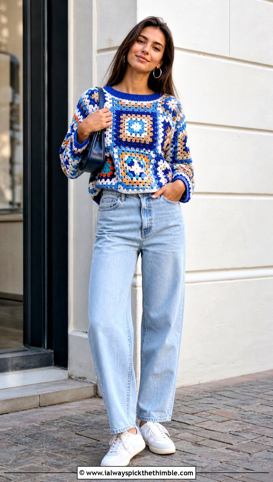 Granny Square Crochet Sweater With Straight Jeans - 15 Summer Style Crochet Sweater outfit ideas