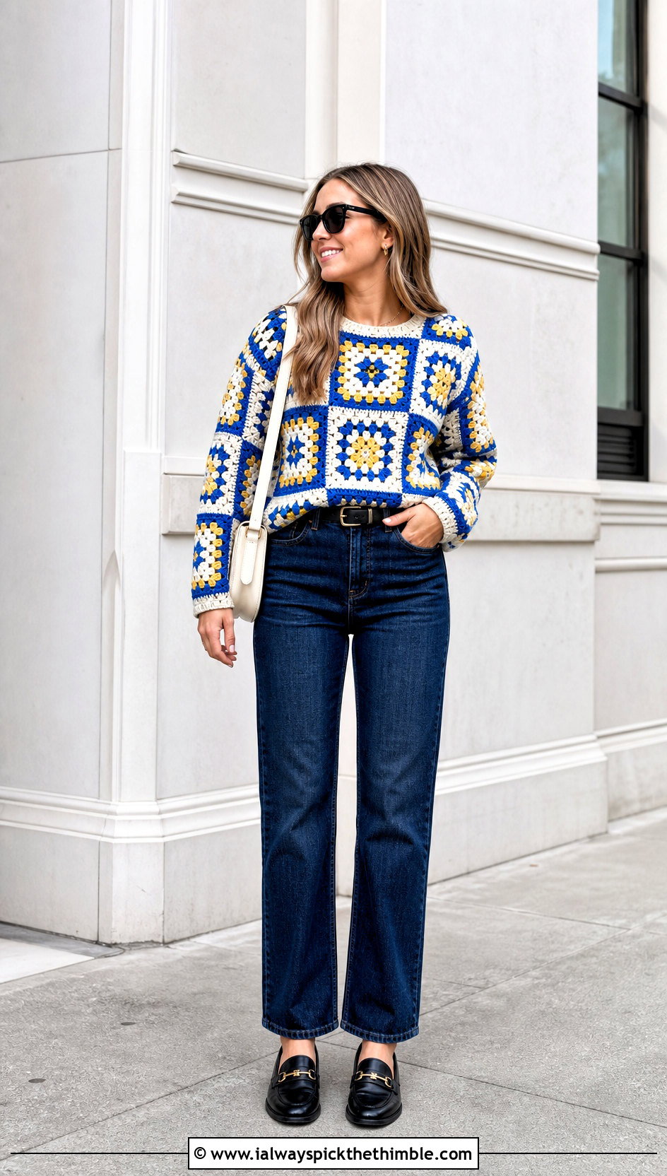 Granny Square Crochet Sweater With Straight Leg Jeans - 15 Crochet Womens Sweaters outfit ideas